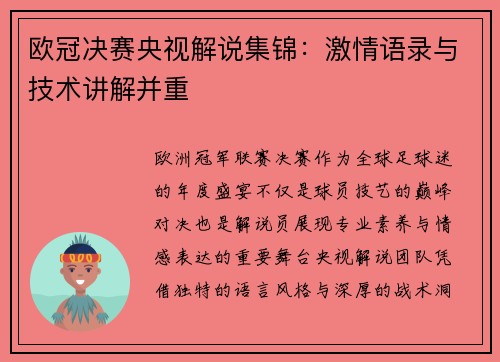 欧冠决赛央视解说集锦：激情语录与技术讲解并重